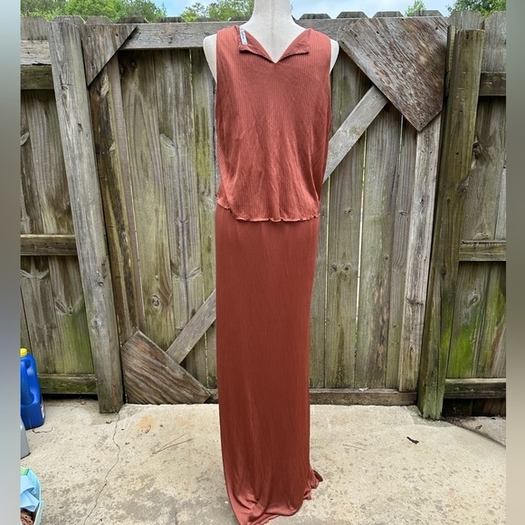 Mango Suit Shiny Burnt Orange Ribbed Flowy Layered Maxi Dress - Picture 10 of 10